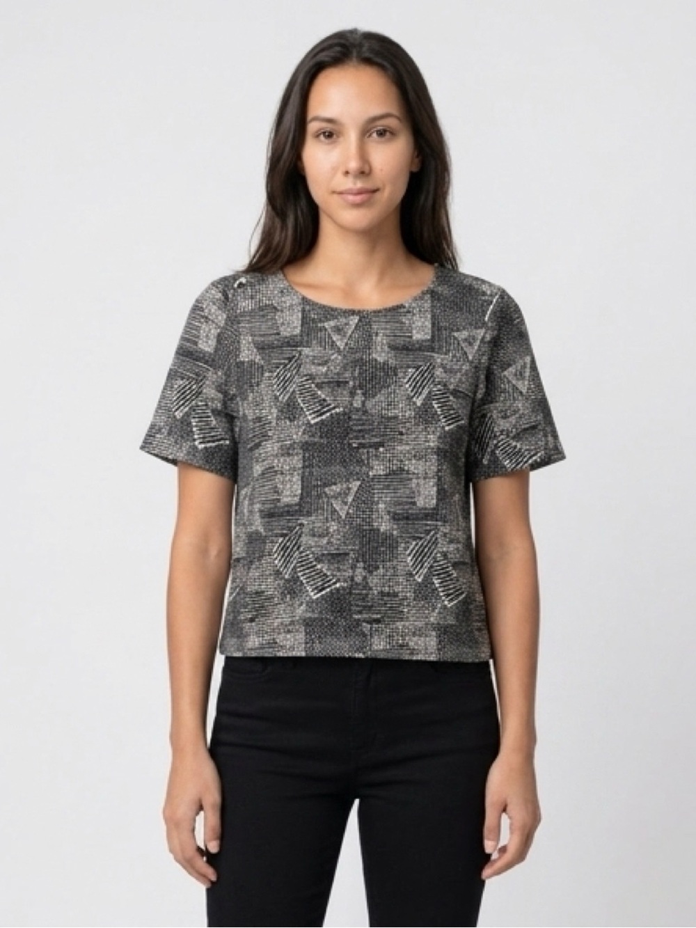 Madewell Large Black & Tan Textured Geometric Short-Sleeve Top